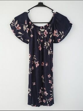 Billabong Navy Floral Off-Shoulder Dress with Pink and Cream Accents Size S